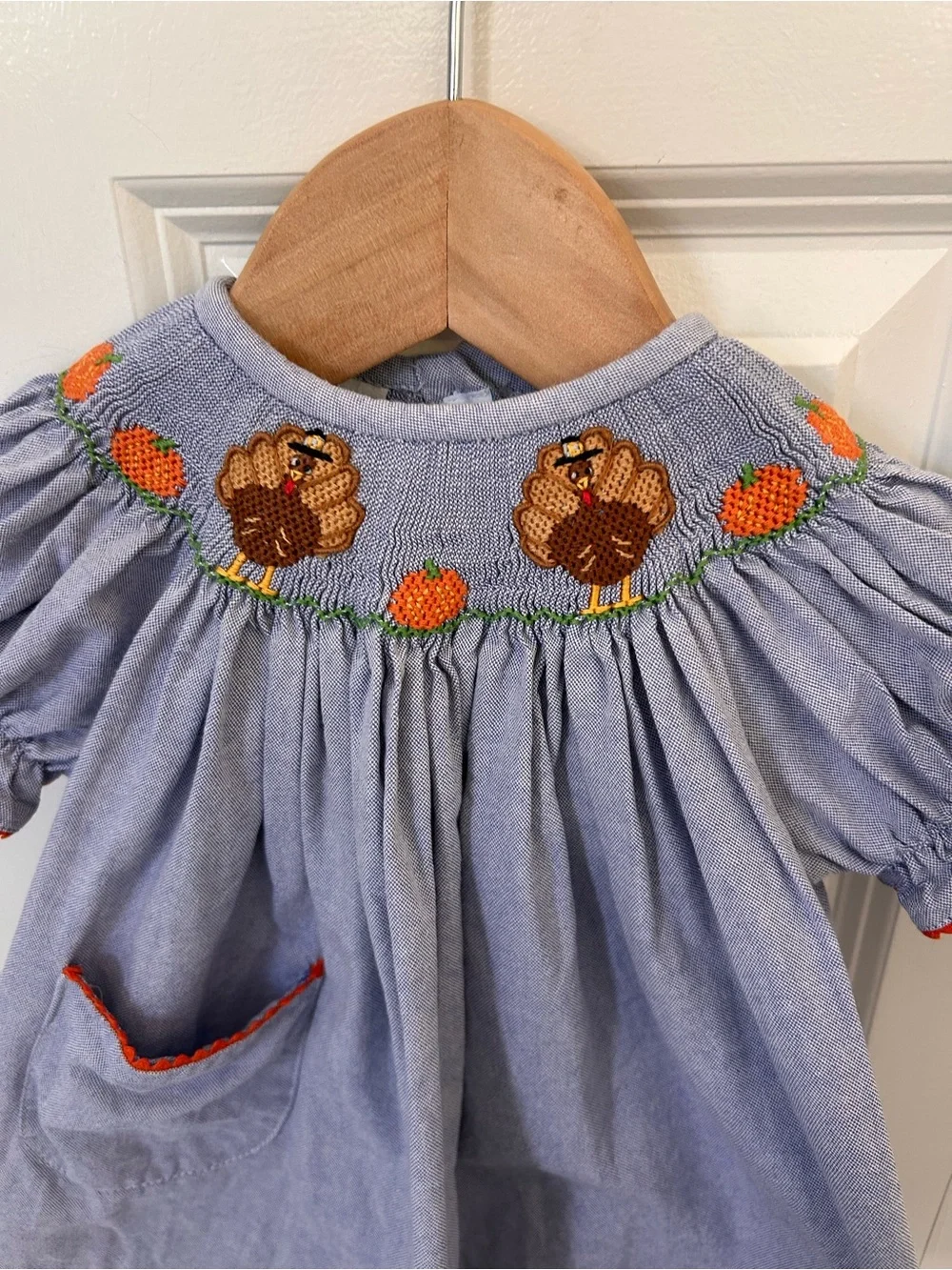 Vive La Fete 6 months blue chambray smocked turkey dress thanksgiving pumpkins